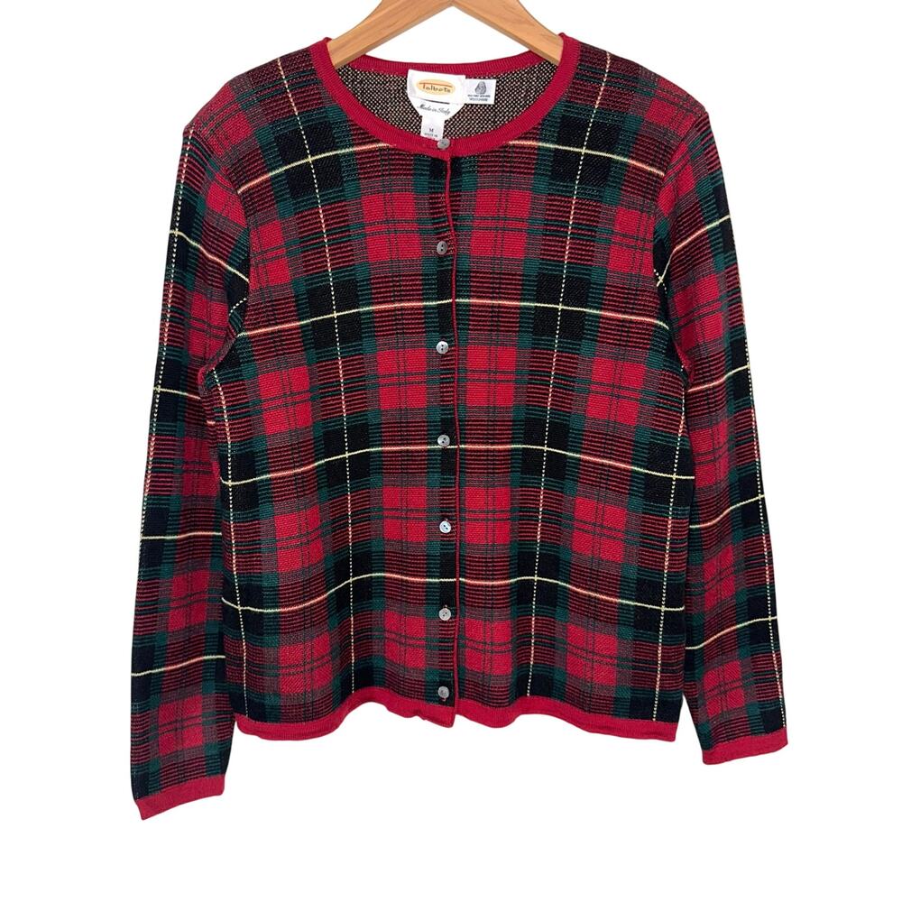 Vintage Talbots Merino Wool Made in Italy Red Green Holiday Plaid Cardigan M